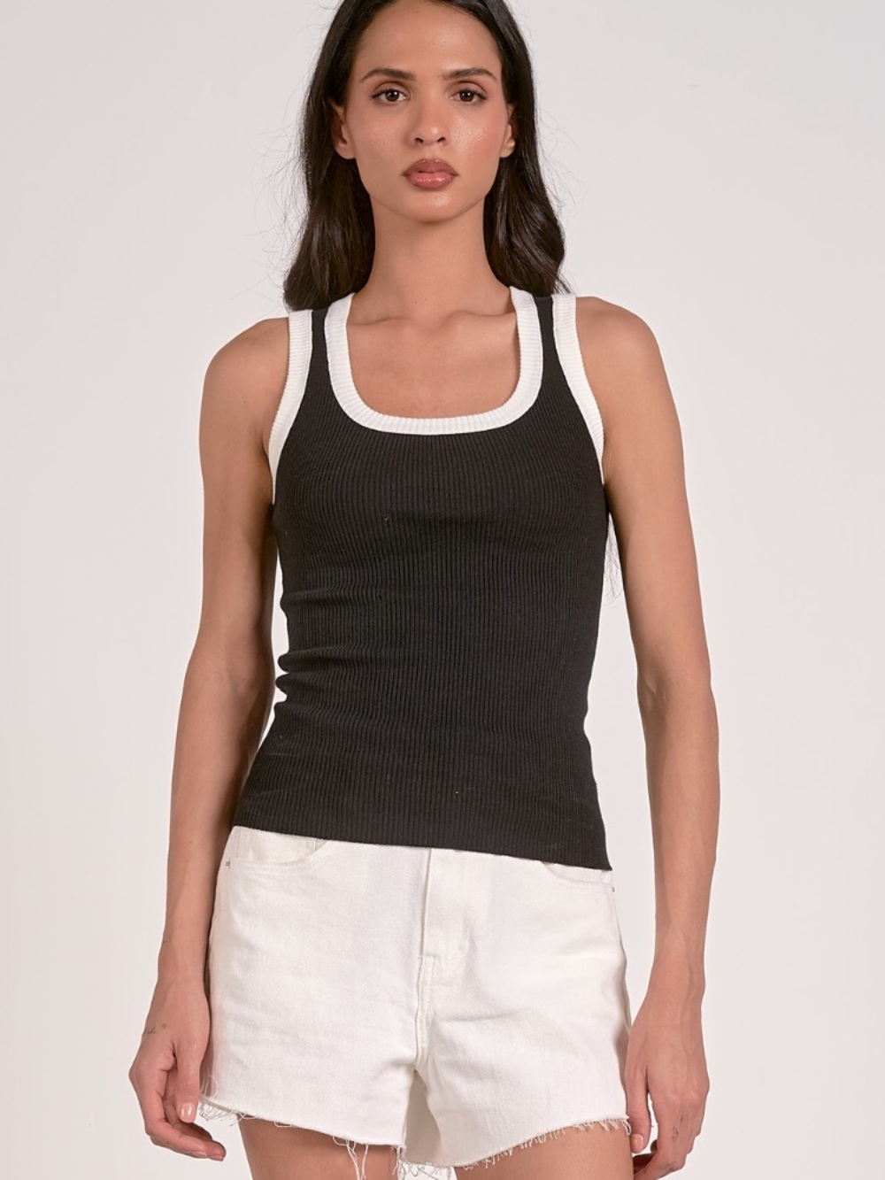 Ribbed ELAN Square-Neck Tank Top in Black with White Trim